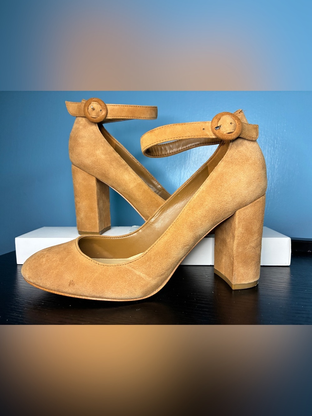 Marc Fisher Tan Suede Ankle-Strap Block Heels